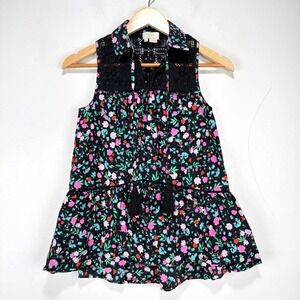Kate Spade Greenhouse Lace‎ Yolk Top Blouse Sz XXS Black Pink Floral Cotton Silk